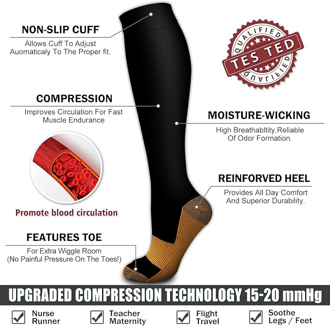 6 Pack Copper Compression Socks for Women and Men Circulation-Best Support for Medical,Running,Nursing,Athletic - Image 5