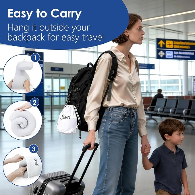 Travel Pillow Memory Foam Neck Pillow for Airplanes with Adjustable Drawstring Support, Gray Travel Neck Pillow for Flights, Road Trips, Trains & Everyday Travel - Image 5