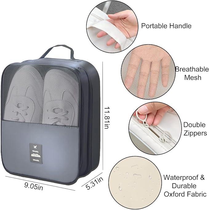 Shoe Bags for Travel Holds 3 Pair of Shoes, Shoe Storage Pouch with 2 Pack Portable Bags, Waterproof & Washable, Grey - Image 2