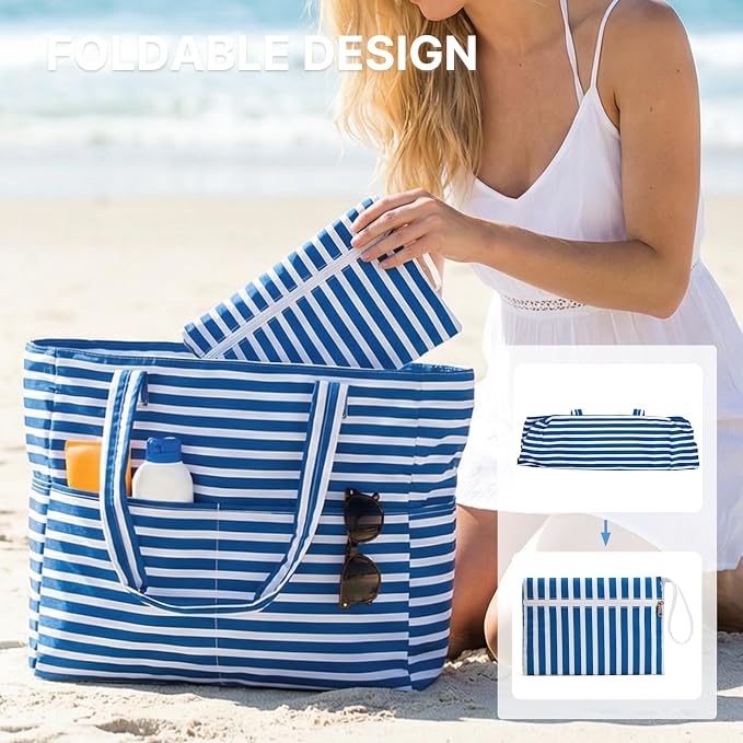G4Free Large Beach Bag Waterproof Sandproof, Zipper Pool Tote for Women | XL Large Capacity, with Wet Compartment, Foldable Packable with A Pouch, for Swim Travel Grocery - Image 7