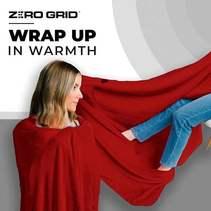 Zero Grid Lightweight Airplane & Travel Blanket with Foot Pockets, Red | Compact Wearable Blanket with Neck Snaps, Zips & Converts to Soft Pillow for Ultimate Comfort - Image 6