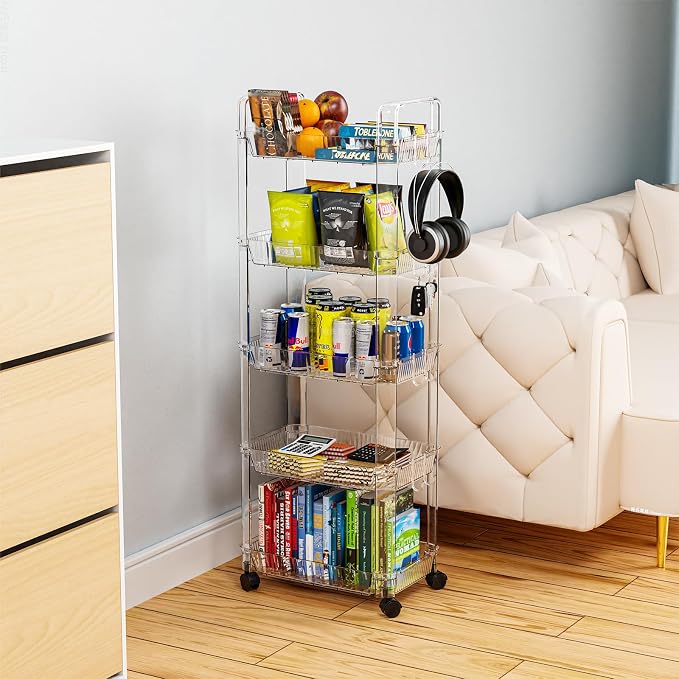 Clear 3 Tier Rolling Utility Cart with Wheels,Modern Bedside Cart for Baby Essentials,Nursery,Diaper Caddy,Baby Supplies,Rolling Storage Carts for Living Room,Bathroom,Kitchen,Book Cart - Image 2