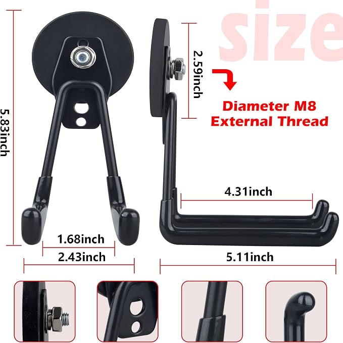 ULIBERMAGNET Magnetic Hooks,Heavy Duty Extra Large Hooks,Power Tool Organizer for Workshop Organization, 2 Pack Tool Hooks for Cordless Drill,Garden Tool,Metal Cabinet,Steel Pegboard(Black) - Image 4