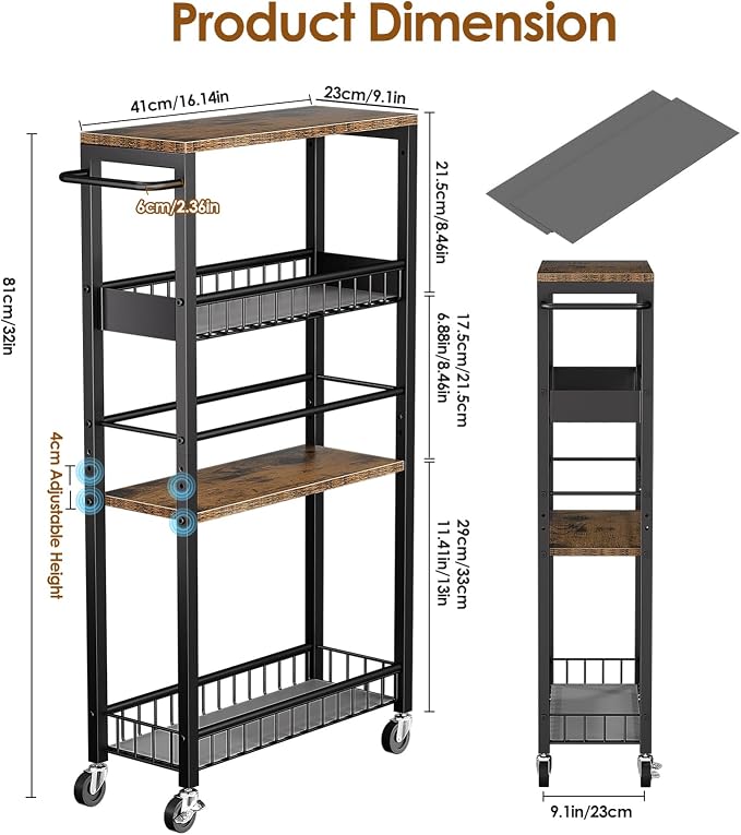 Slim Rolling Storage Cart, 4 Tier Narrow Storage Cart, 9.1in(W) | Metal Kitchen Rolling Cart for Small Spaces, Narrow Shelf for Kitchen, Laundry Room, Bathroom, Living Room - Image 7