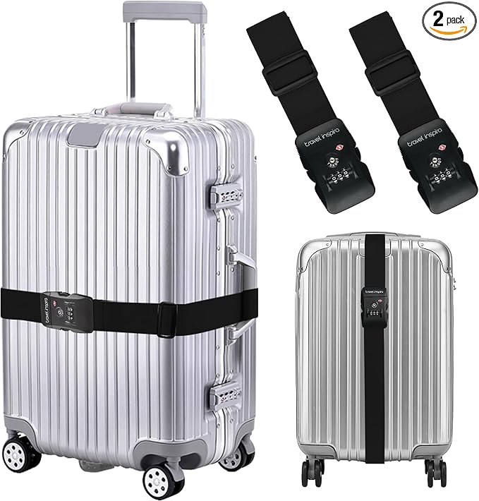 Travel Inspira 2 Pack Luggage Straps for Suitcases with TSA Lock | 2-Pack Set; TSA-Approved Lock with Tag; Secure Black Strap; Adjustable 103-200cm; Heavy-Duty Nylon; 20-28 Inch Suitcases by TravelInspira