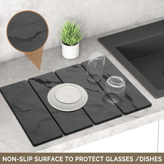 Large Stone Dish Drying Mat for Kitchen Counter, 2 PCS Quick Dry Stone Mats, Foldable Water Absorbing Diatomaceous Earth Drying Dishes Pad for Countertop Bottles Utensils Cup(Dark gray 24"x16"&8"x4") - Image 3