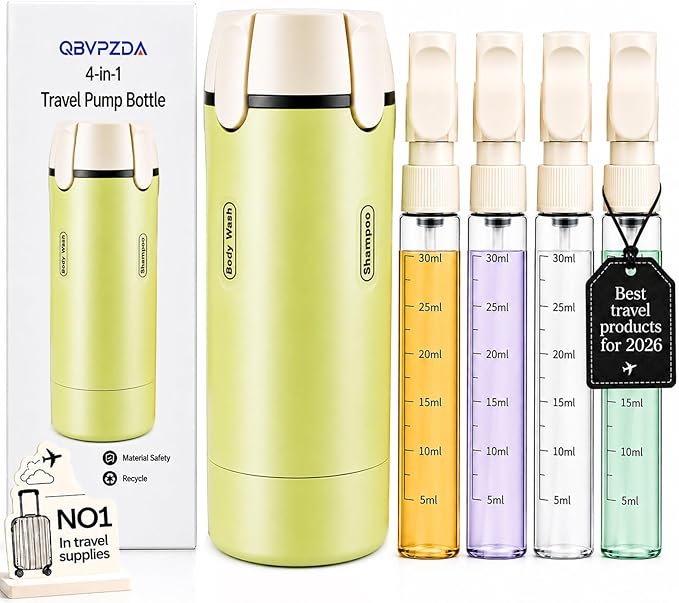 4 in 1 Travel Dispenser Bottle Essentials Camping Toiletries Pump TSA Approved Leak Proof Size Portable Containers Refillable for Shampoo Lotion Creams Body Wash Conditioner Attached Label (Green) by Unknown