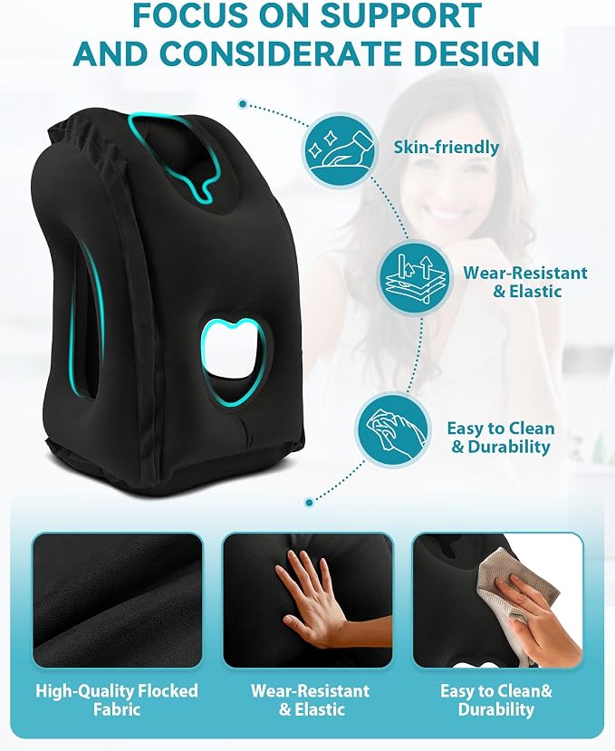 Inflatable Travel Pillow, Airplane Neck Pillow Comfortably Supports Head and Chin for Airplanes, Trains, Cars Office Napping on The Tray Table (Black) - Image 3