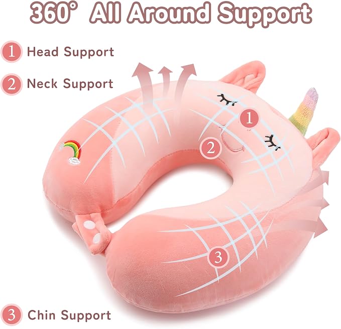 Memory Foam Kids Travel Neck Pillow for Ages 9+, Removable Cover, Unicorn | Machine washable, 17 in neck size for teens and adults, 360-degree head and chin support, car and airplane use - Image 4
