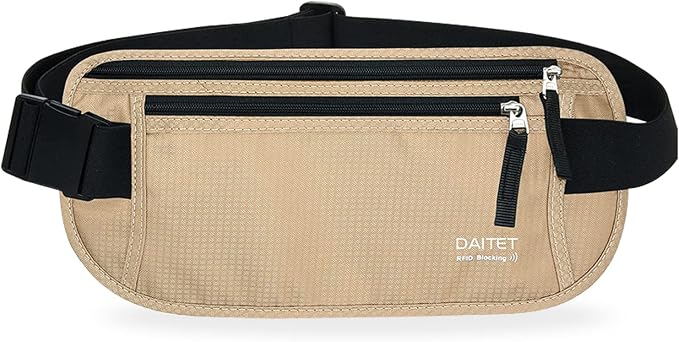 RFID Blocking Money Belt for Men Women, Slim Fanny Pack For Travel，Running,Conceal Waist Wallet For Passport Holder,Phone,Cash(Black Beige), Black Beige by DAITET