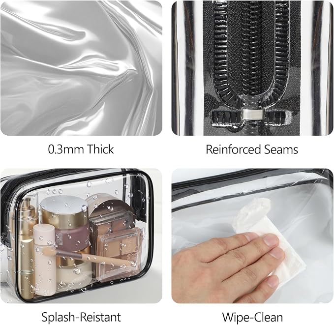 Clear Makeup Bag for Travel - TSA Approved Toiletry Bag, 2 Black | 1 Medium Quart Carry-On & 1 Large Checked-Luggage, Reinforced Seams, Water-resistant, Clear Easy-Check for Airport, Women - Image 6