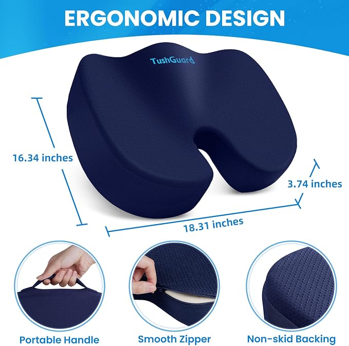 Memory Foam Seat Cushion for Office Chair, Car Seat, Blue, XL | Office Chair Cushion for Car, Airplane - Chair Pad for Long Sitting Sciatica, Hip, Coccyx,Tailbone Pain Relief, Butt Pillow - Image 2