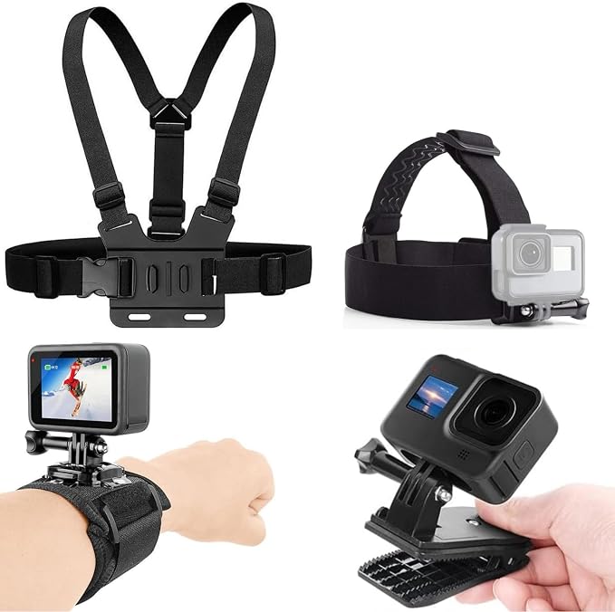 4 in 1 Universal Accessories Kit for Action Camera, Chest Strap Harness, Head Strap Mount, 360° Rotating Wrist Strap Mount and Backpack Clip Holder, Adjustable Action Camera Accessories Kit by KUANVE