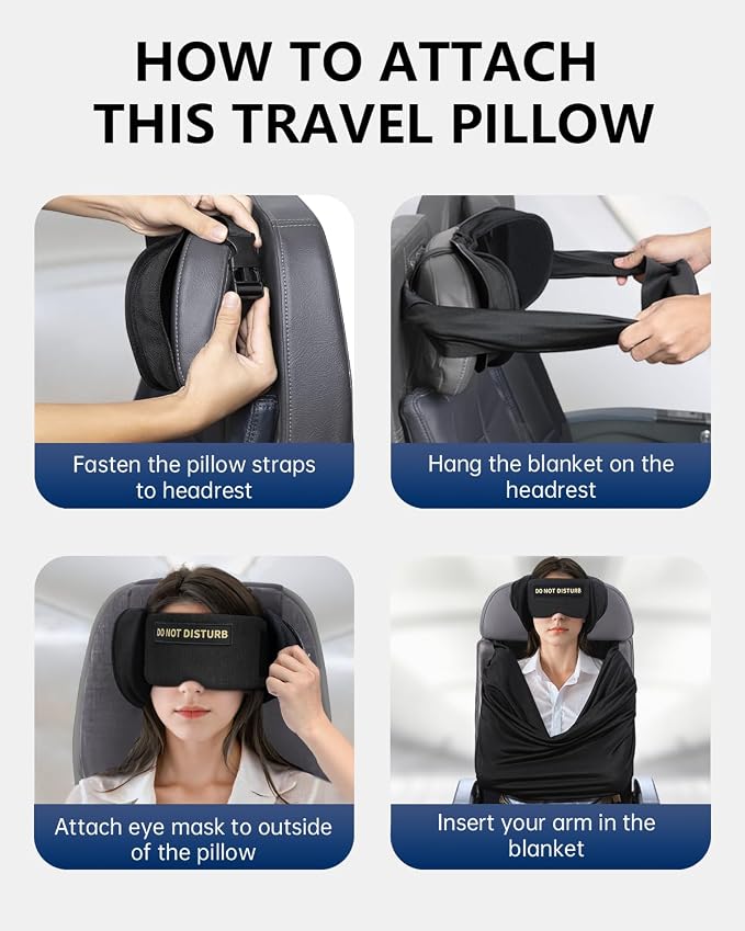 Travel Pillow and Blanket Set, Compact Airplane Pillow Bag with Eye Mask for Long Flights Sleeping, 360° Support Head Strap Travel Essentials for Plane Sleep Neck Upright, Stop Head Bodding (Black) - Image 6