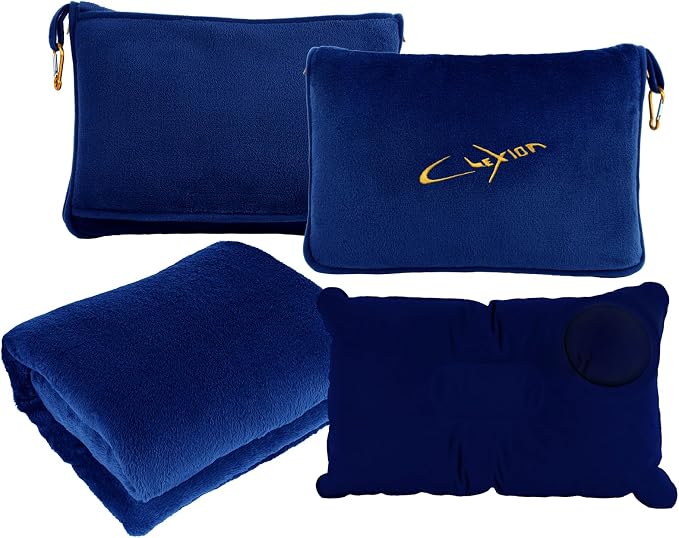 Travel Blanket & Pillow Set, 300 GSM Soft Fleece, 60x43 Inches, 3-in-1 Airplane Blanket, Travel Pillow and Blanket Set, Travel Blanket Airplane Compact with Bag, Travel Essentials, Navy by CLEXION