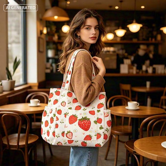 Corduroy Tote Bag for Women,Large Capacity Cute Tote Bags With 6 Pockets,Crossbody Shoulder Handbag for Work Travel Gym - Image 9