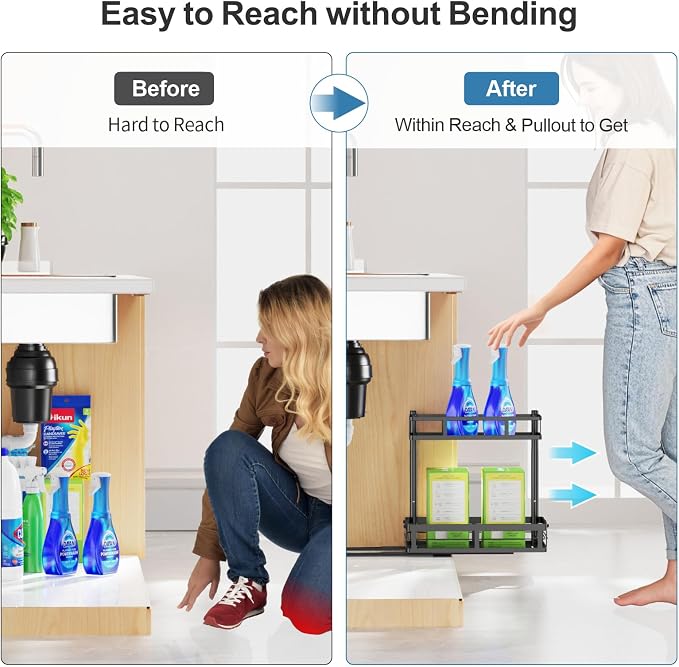 Under Kitchen Sink Organizer - L-Shaped Pull Out Shelf, 2 Pack | L-Shaped Fit Around Garbage Disposal, Adjustable Shelves, Pull Out Access, For 30-36 Inch Sink Cabinet, 2 Pack Black - Image 2
