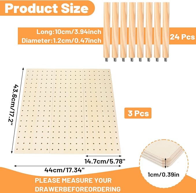 3-Pack Wood Pegboard Drawer Organizer with 24 Adjustable Pegs – Customizable Kitchen Drawer Plate & Utensil Organizer, Natural Wood - Image 2