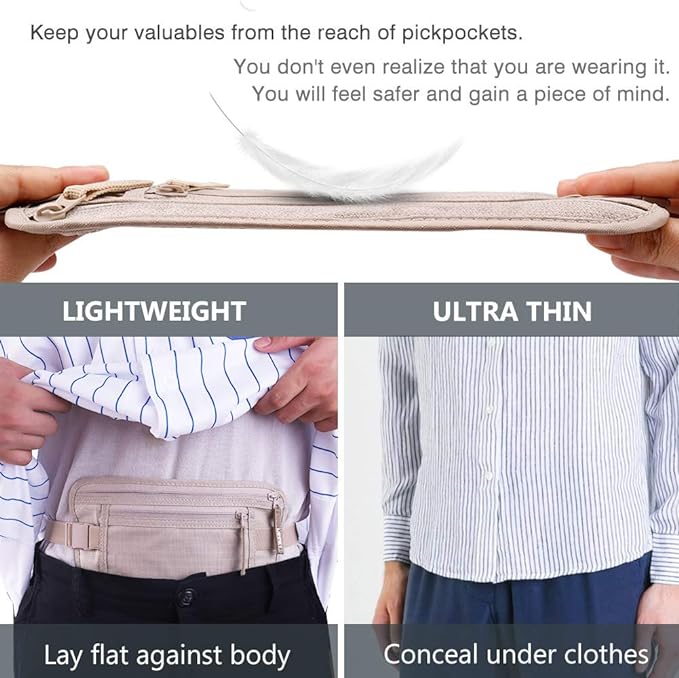 Money Belt for Travel, Slim RFID Blocking Women and Men Hidden Travel Pouch Under Clothes, Passport Holder Protect Cash, Documents, Credit Card, Bonus 2 RFID Sleeves - Image 3
