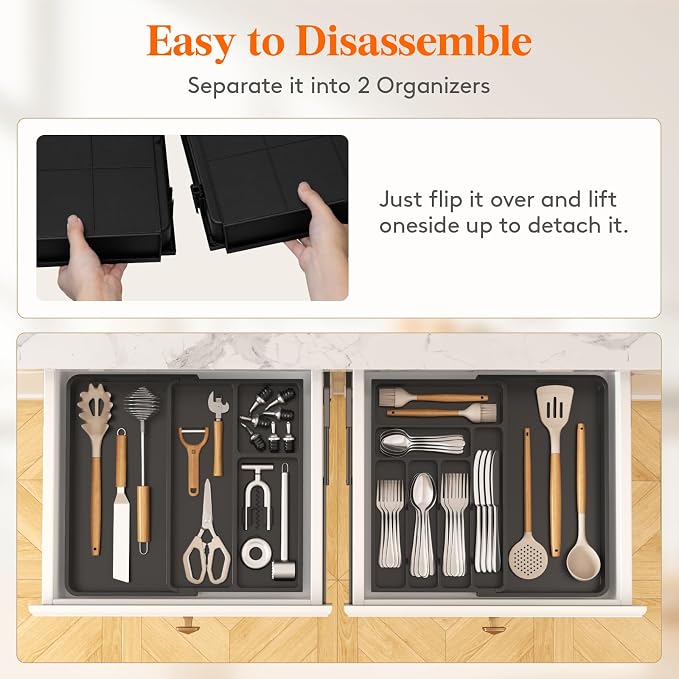 Lifewit Utensil Organizer for Kitchen Drawer, Expandable Cooking Tray | Adjustable Cutlery Flatware Holder, Plastic Silverware Spatula Tools Storage Divider, 21.3- 36 x 16.9", Black - Image 5