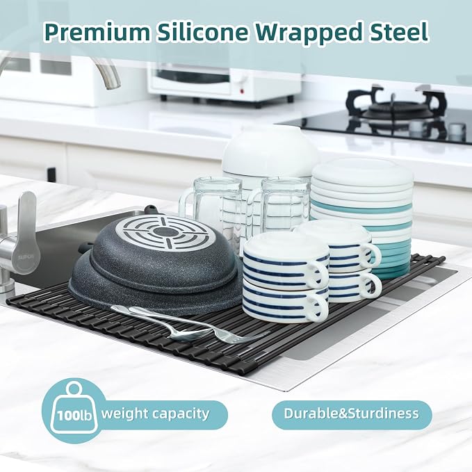 Ohuhu Over The Sink Dish Drying Rack, 20.5" W x 13.1" L Rolling Dish Drainer Foldable Sink Accessories Heat-Resistant Mat Anti-Slip Silicone Coated Dish Racks for Kitchen Counter - Image 9