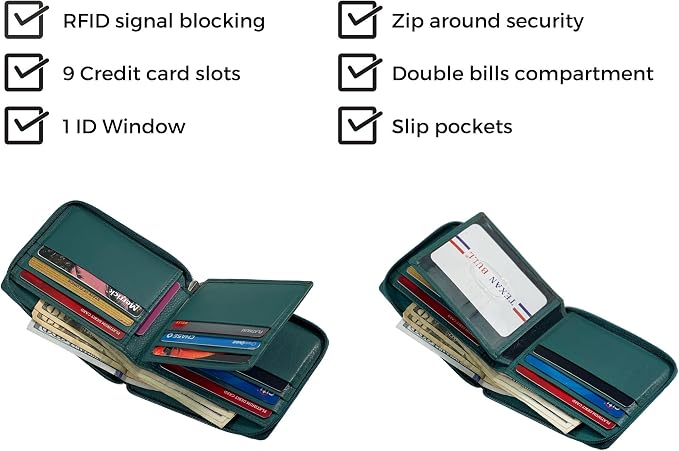 RFID Blocking Bifold Cowhide Leather Wallets For Men With Zipper Security | Safe Metal Zip Chain 9 Card-ID Slim Minimalist Mens Wallet (Forest Green) - Image 4