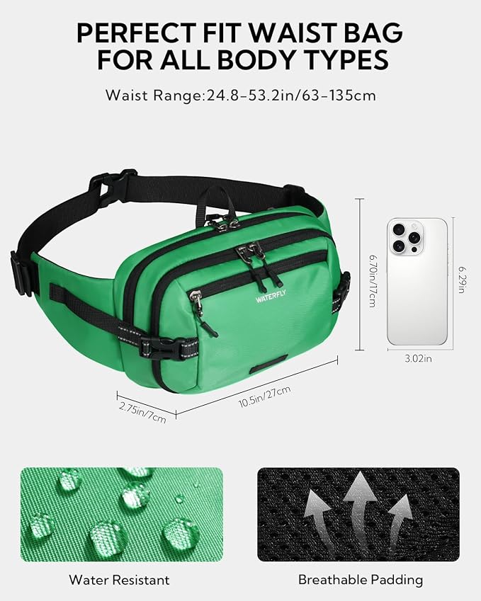 WATERFLY Fanny Pack Waist Bag: 3L Large RFID Anti-Theft for Travel | 180-Degree Opening Design, 5 Pockets, Nylon, Reflective Webbing, Adjustable Buckles, Hiking Daily Use, Women Men - Image 5