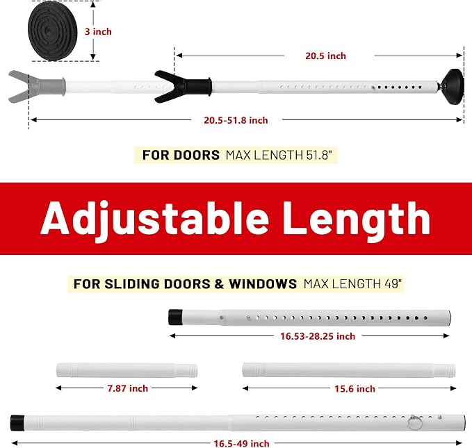 Door Security Bar 1 Pack, Heavy Duty Door Stoppers, 20-51 inch Adjustable | Sliding Glass Door Security Bar with Rubber Tips, Door Stop for Front Door, Portable Door Jammer for Apartment Dorm Travel - Image 4