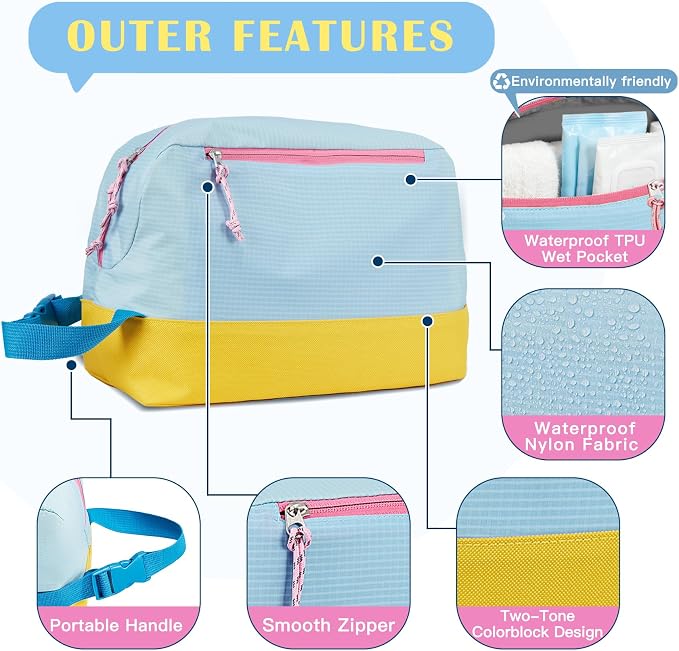 Waterproof Makeup Bag For Women Girls Men,Two-Tone Colorblock Travel Toiletry Bag With Wet Pocket & Removable Transparent Bag, 8L Large Capacity Lightweight Vacation Essentials (Sky Blue+Yellow) - Image 4