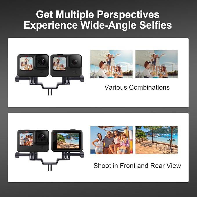 Dual Action Camera Mount & 19" Short Selfie Stick Kit, Aluminum Twin Adapter for GoPro, Compatible with Insta360, for DJI Osmo - Front/Rear View Recording, YD029 - Image 2