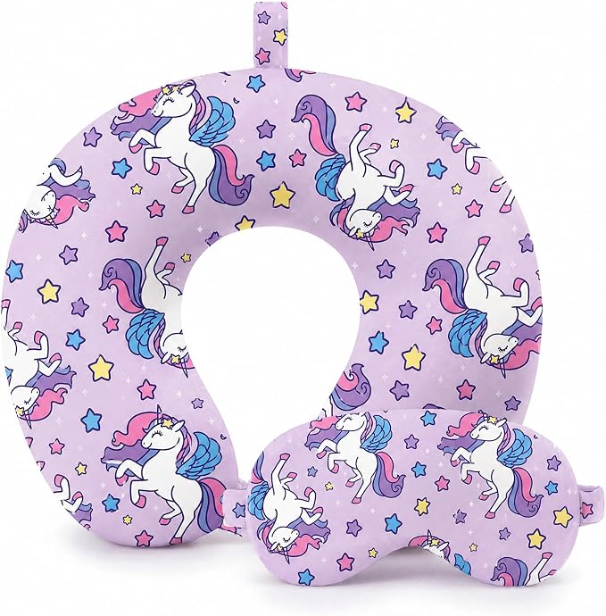 Gilprop 2 Pcs Unicorn Travel Pillow with Sleep Eye Mask, U Shaped Memory Foam Neck Pillow with Washable Cover, Soft Neck Head Support Travel Accessories for Airplane Car Train Bus Trips by Gilprop