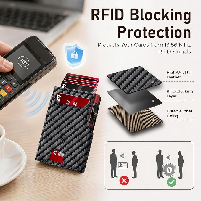 RUNBOX Wallet for Men, RFID Blocking Pop-Up Card Holder, Black+RED | Minimalist Aluminum Smart Wallet with ID Window, Compact Credit Card Holder, Stretchable Cash Slot, Birthday Gift for Men - Image 4
