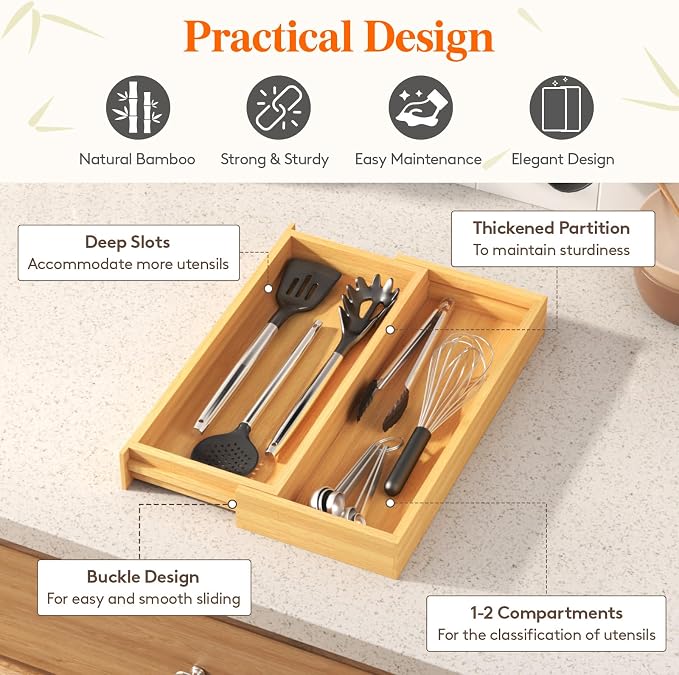 Lifewit Bamboo Utensil Organizer for Kitchen Drawer, Cooking Utensil Tray | Expandable Cutlery Silverware Flatware Holder, Wood Adjustable Spatula Tools Storage Divider, 7-12 x 15.75", Natural - Image 7