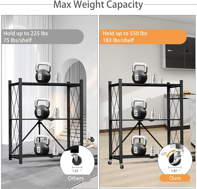 3 Tier Foldable Storage Shelf with Wheels Garage Shelving | Unit Loads 550 LBS, Metal Steel Collapsible Shelves, Rolling Standing Utility Rack for Kitchen, Pantry, Office, Black - Image 5