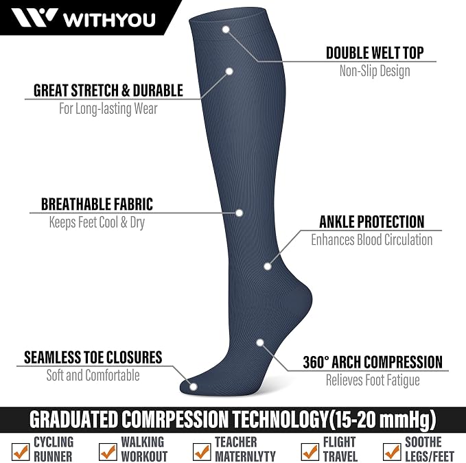 WITHYOU 3 Pairs Compression Socks for Women & Men 15-20 mmHg,Best Support for Nurses Running Hiking - Image 3