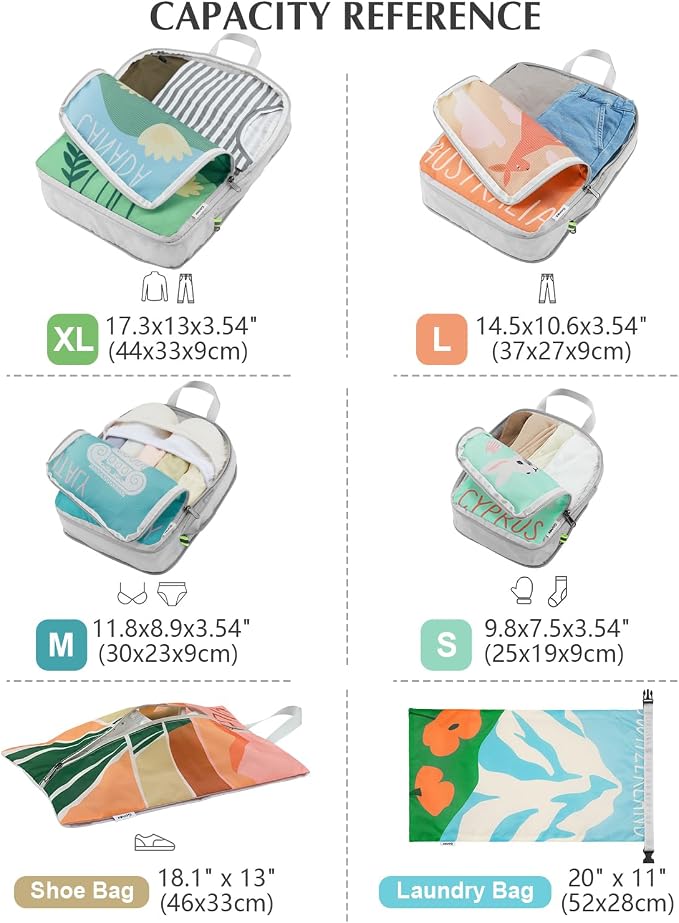 Gonex 6-Piece Compression Packing Cubes with Shoe & Laundry Bags | Unique Printed Design, Ripstop Fabric, Double-Zip Compression, Carry-On Friendly, Lightweight - Image 6