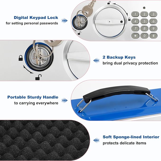 KYODOLED Blue Safe Box with Digital Keypad Lock, Lock Box with Code for Personal Items, Metal Security Box for Cash, Passport, Jewelry, Ideal for Home, Office, Garage Sale, 11.8'' x 9.4'' x 3.5'' - Image 4