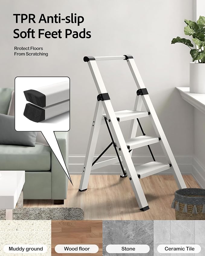 Taranta 3 Step Ladder,Lightweight Aluminum Step Stool Foldable -White | Folding Ladder with Handgrip,Wide Top Pedal,330lbs Capacity for Home,Office,Kitchen - Image 7