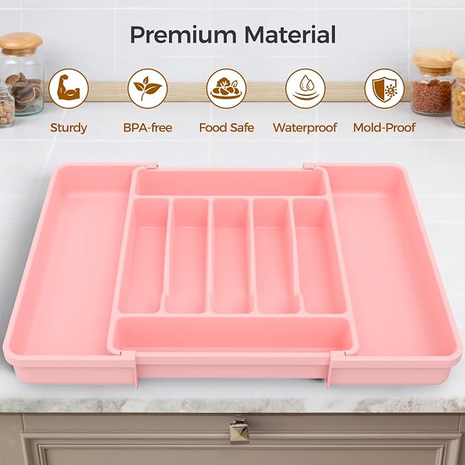 ukeetap Extra Large Expandable Silverware Organizer, Flatware Tray, Pink | BPA-Free Food-Safe Kitchen Utensil Cutlery Drawer Organizer, Adjustable Silverware Holder for Spoons Forks Knives - Image 4