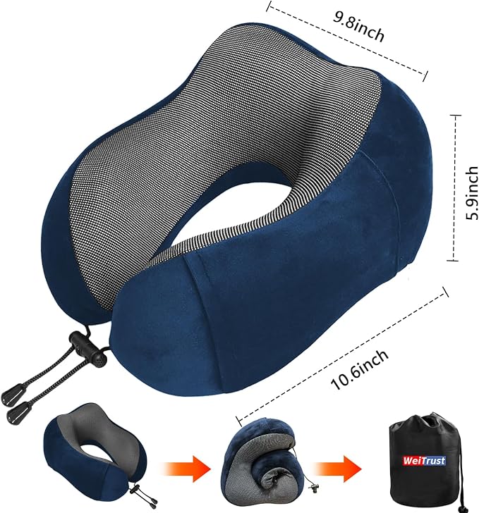 Airplane Pillow, Travel Neck Pillow with Memory Foam - Adjustable Buckle & Machine Washable Cover for Neck Support, Includes Eye Mask & Ear Plugs(Blue) - Image 7