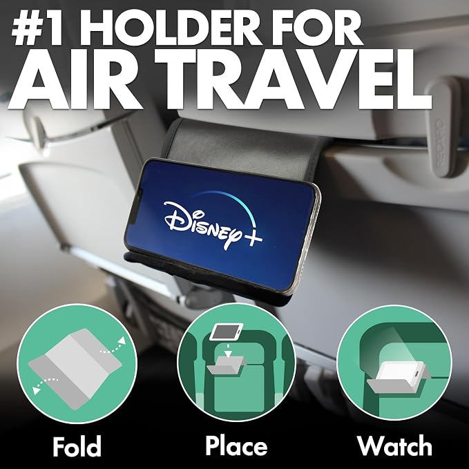 Airplane Phone Holder - Foldable Phone Stand for Plane Travel | Vegan Leather, Tabletop Mount Desk, Plane Tray Seat back, Treadmill, Fits iPhone Cell Phone, 9 x 4.3 in - Image 2