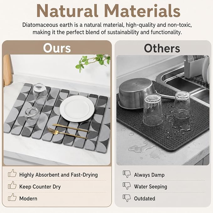 Large Stone Dish Drying Mat for Kitchen Counter, Quick Dry Diatomaceous Earth Dish Drying Pad, Foldable Water Absorbing Organizer Pad for Plates Bottles Utensils (Dark Gray Geometric 24"×16" & 8"×4") - Image 8