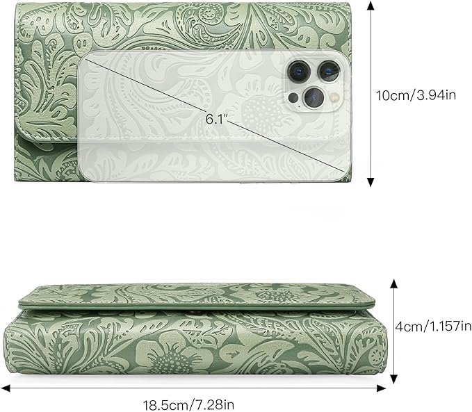 GOIACII Leather Wallets for Women RFID Blocking Western Clutch Green | Embossed Design, Trifold, Large Billfolds, Vintage Flower, Ladies Purses with Zipper Coin Pocket - Image 5