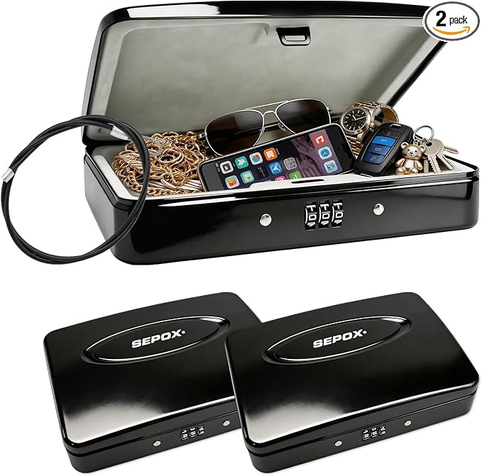 SEPOX 2PK Water Fire Resistant Steel Lock Box 3-Ft Cable Keyless Combo Safe | For Dorm Car Sports Office 2PK Fireproof Steel Case Lock Boxes Resettable Code 3-Ft Steel Cable Cash Passport Phone Valuables by SEPOX