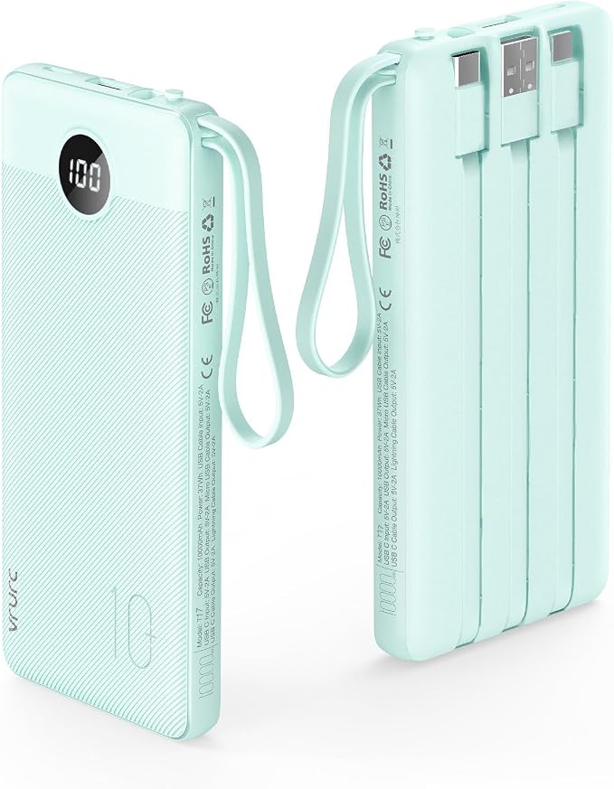 VRURC Portable Charger, 22.5W Fast Charging Power Bank Built‑in 4 Cables | 10000mAh Slim Lightweight Travel Battery Pack for iPhone, Samsung & Multi Devices, Pocket‑Friendly with Lanyard-Green(1 Pack) by Home