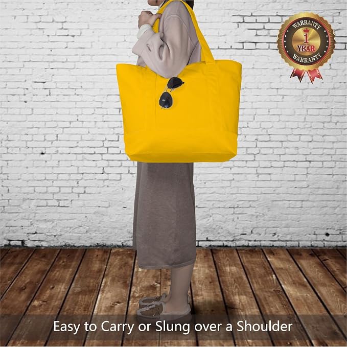 TOPDesign 6-Pack Canvas Tote Bags with an External Pocket, Reusable Grocery Shopping Bags, Top Zipper Closure, Daily Essentials (Yellow) - Image 2