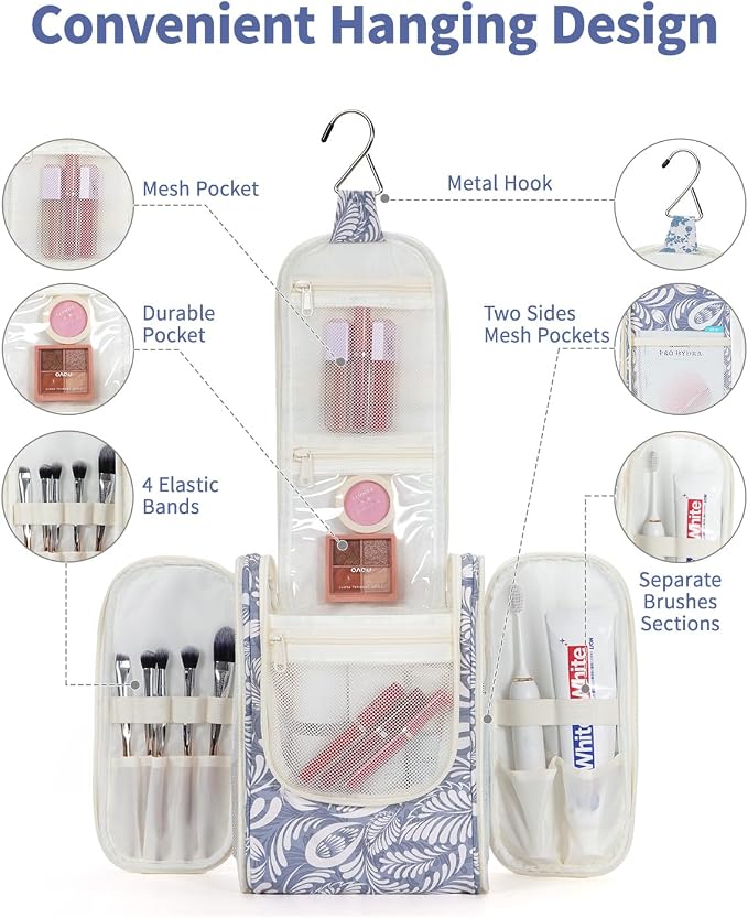 Narwey Small Hanging Toiletry Bag Women Travel Makeup Bag Organizer Toiletries Bag for Travel Size Essentials Accessories Cosmetics (Medium, Blue Leaf) - Image 2