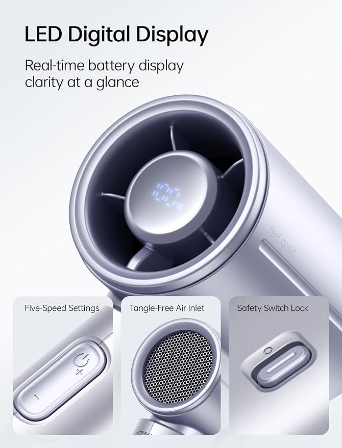 JISULIFE Handheld Fan Life9S - Sleek Chrome: Turbo Power, 22 Hours Cooling | LED Display, 5000mAh, 5-Speeds, Mini Portable Fan for Travel, Cruise, Concerts, Trendy Gifts for Women Men -Blue - Image 5