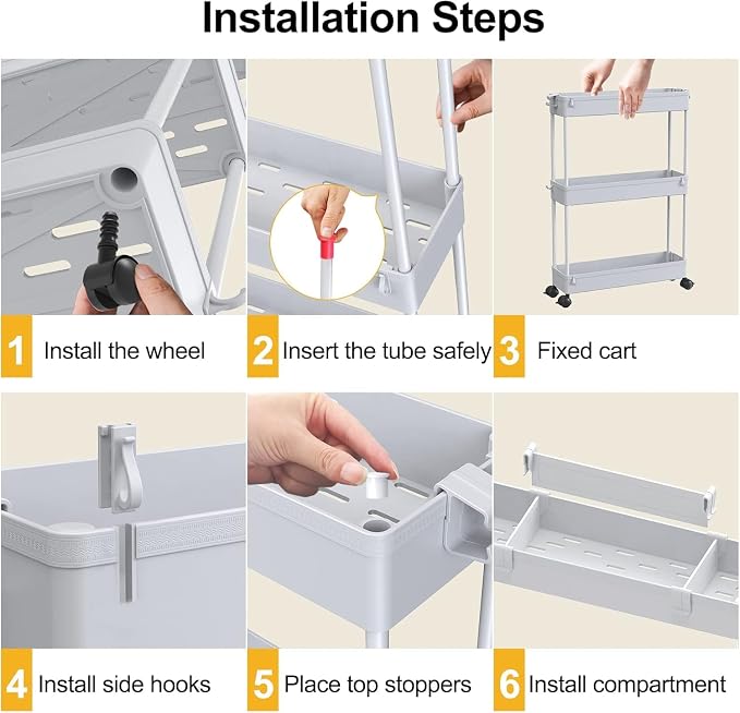 2-piece Set Slim Storage Cart 3 Tier,Bathroom Organizer Rolling Utility,Mobile Shelving Unit Slide Out for Office, Kitchen, Laundry Room & Narrow Places - Image 6