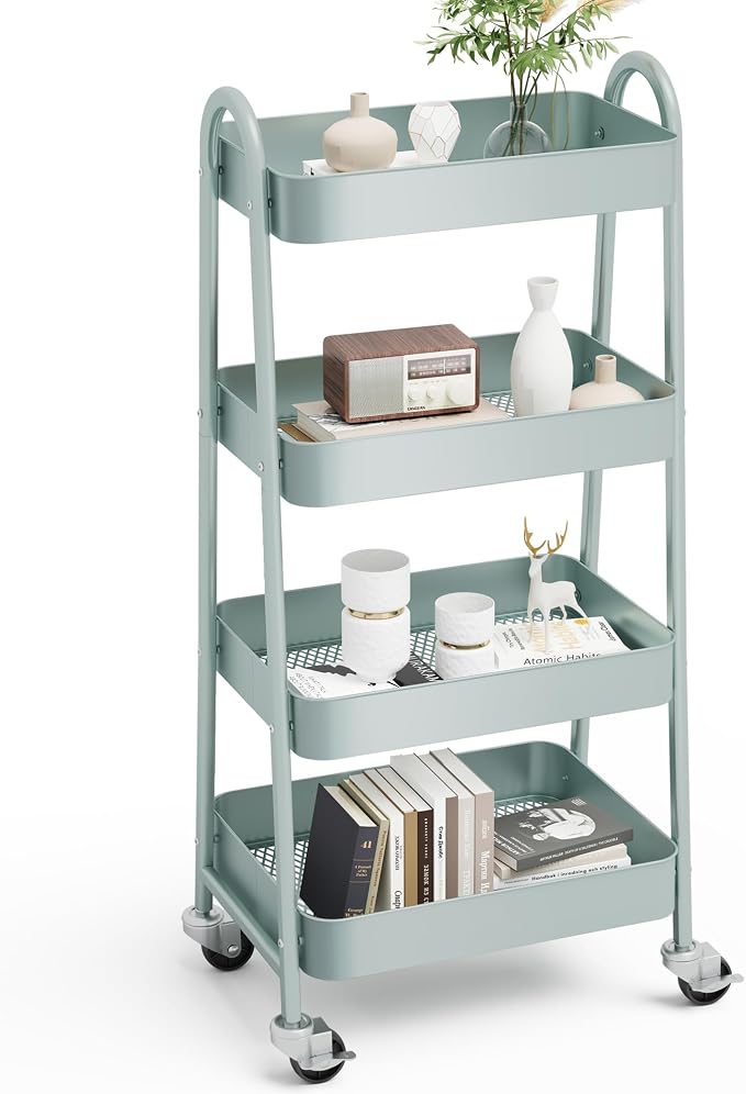 OLIXIS Metal 4 Tiers Rolling Storage Utility Cart with Lockable Wheels | Mobile Organizer Shelf, Space-Saving, Freestanding, Bathroom, Living Room, Slim, Narrow Corner Spaces, Green by OLIXIS